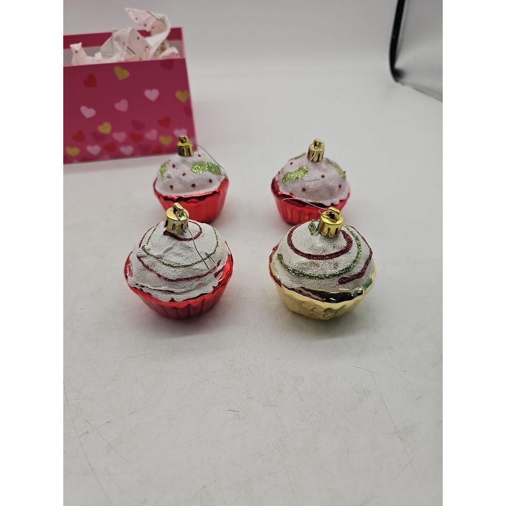 Glass CUPCAKE ORNAMENTS Christmas Blue and Pink Sprinkles 2" Lot of 4